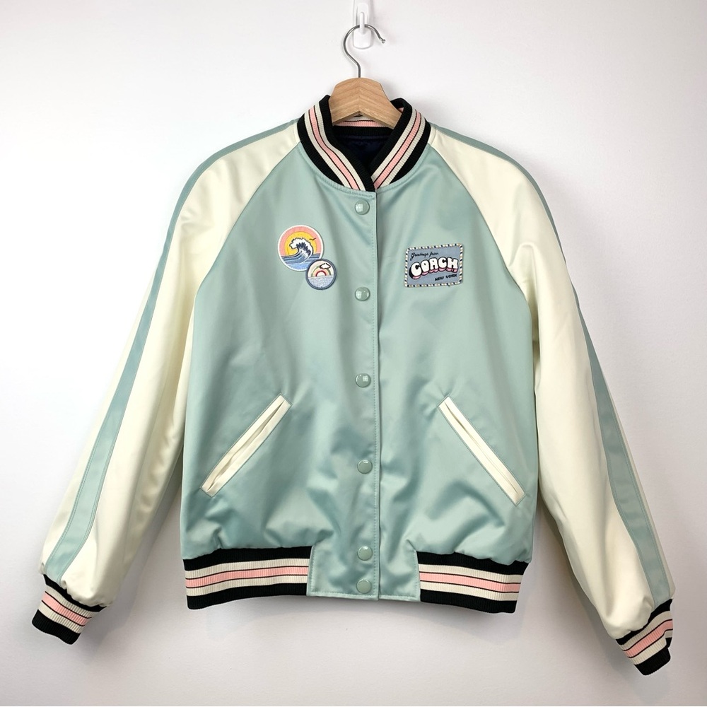 Coach Reversible Jacket Coat Coach State Varsity Tour Sz Med-Large Blue Beige
